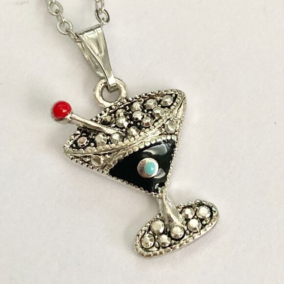 Martini Cocktail Drink Cup Glass Charm Necklace Pendant Black Enamel 18" Chain - Picture 3 of 9